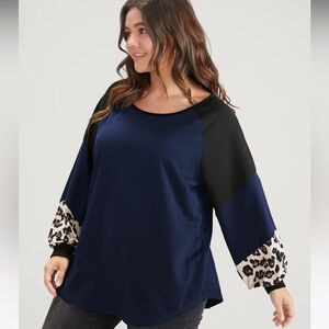 NWT BloomChic Leopard Colorblock Contrast Round Neck Sweatshirt